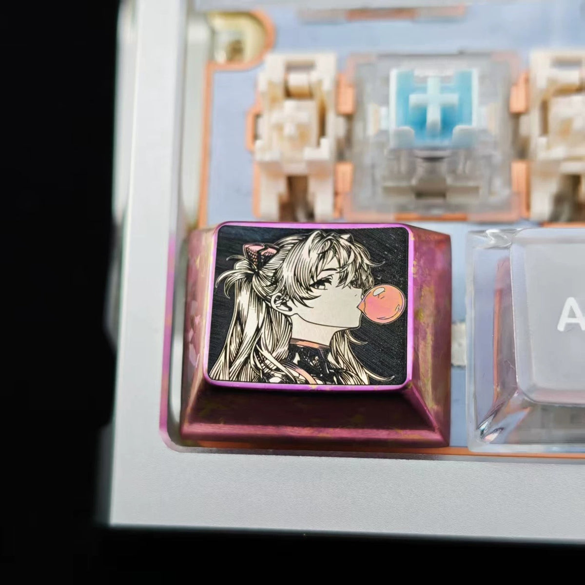 EVA, Asuka themed intricately carved lines 1.25 U titanium alloy metal personalized keycaps, anime and game character peripheral products, decorative keycaps.