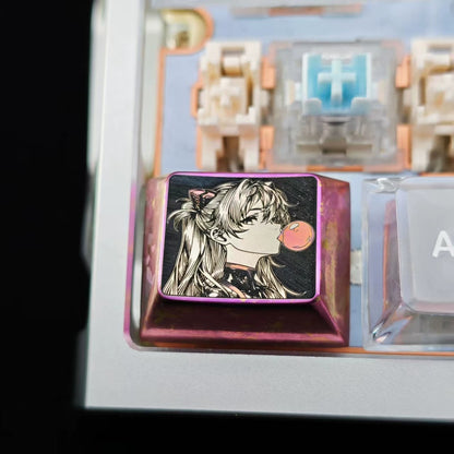 EVA, Asuka themed intricately carved lines 1.25 U titanium alloy metal personalized keycaps, anime and game character peripheral products, decorative keycaps.