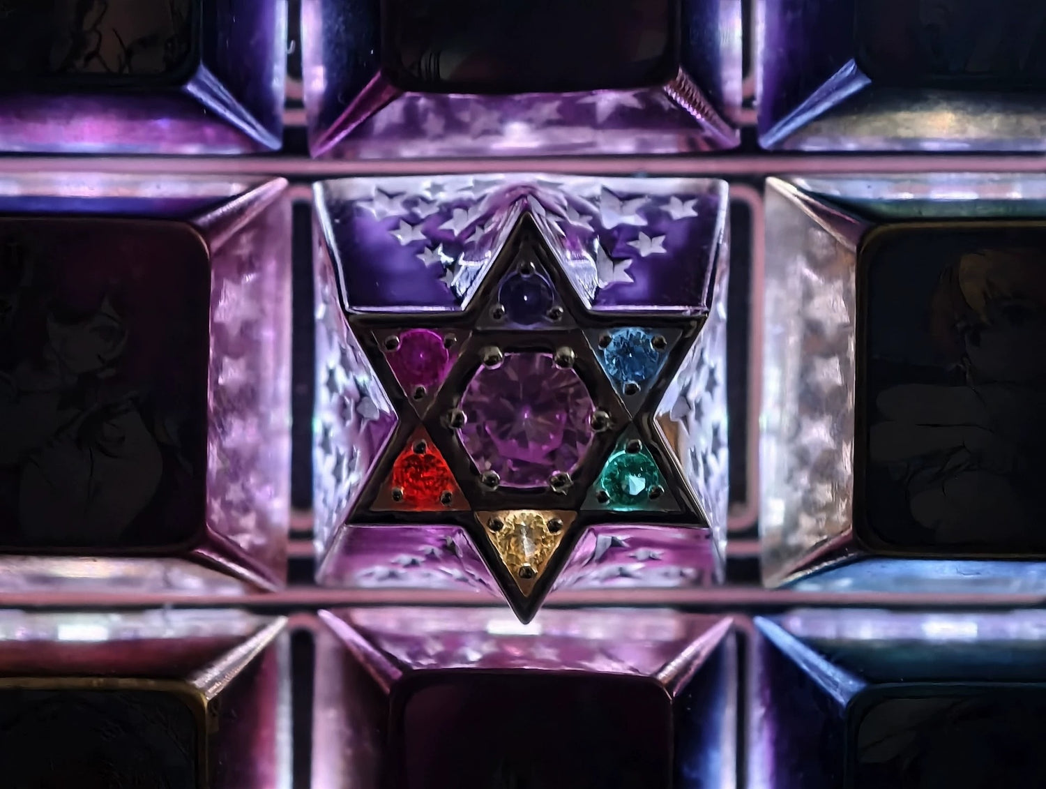 Hexagonal star, multi-color gemstone inlay, 925 sterling silver personalized keycap, hollowed out design mechanical keyboard metal decorative keycap