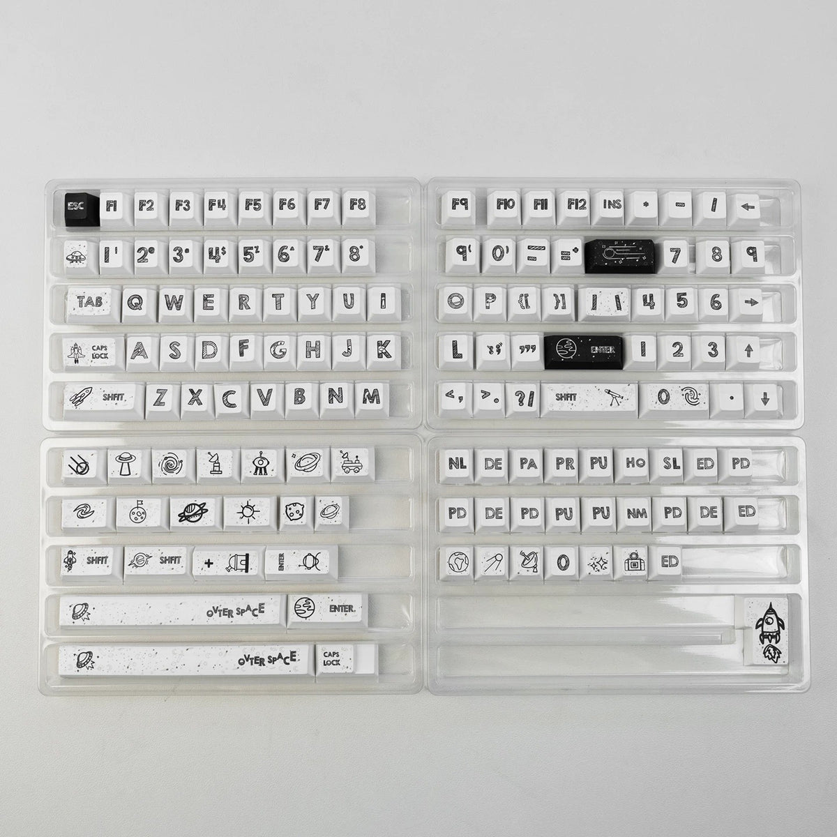 White astronaut theme, space UFO creative design big characters PBT material personalized keycap set, creative decorative keycap set, compatible with 61/64/68/75/84/87/104 mechanical keyboard replacement keycap