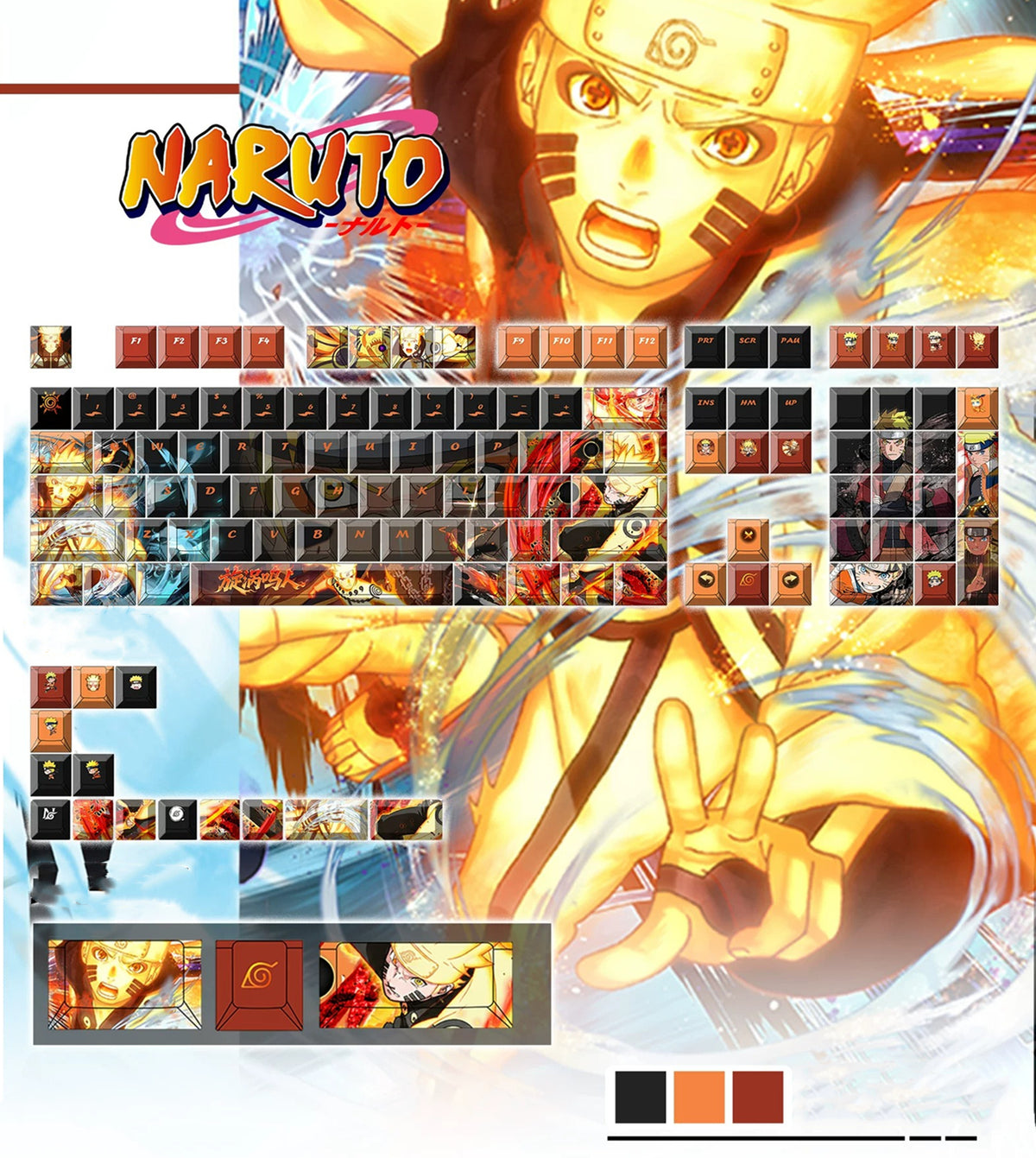Naruto, Naruto Uzumaki PBT material personalized keycap set, anime keycap culture peripheral mechanical keyboard decoration keycaps， Compatible with 61/64/68/75/84/87/104 key mechanical keyboard keycap set