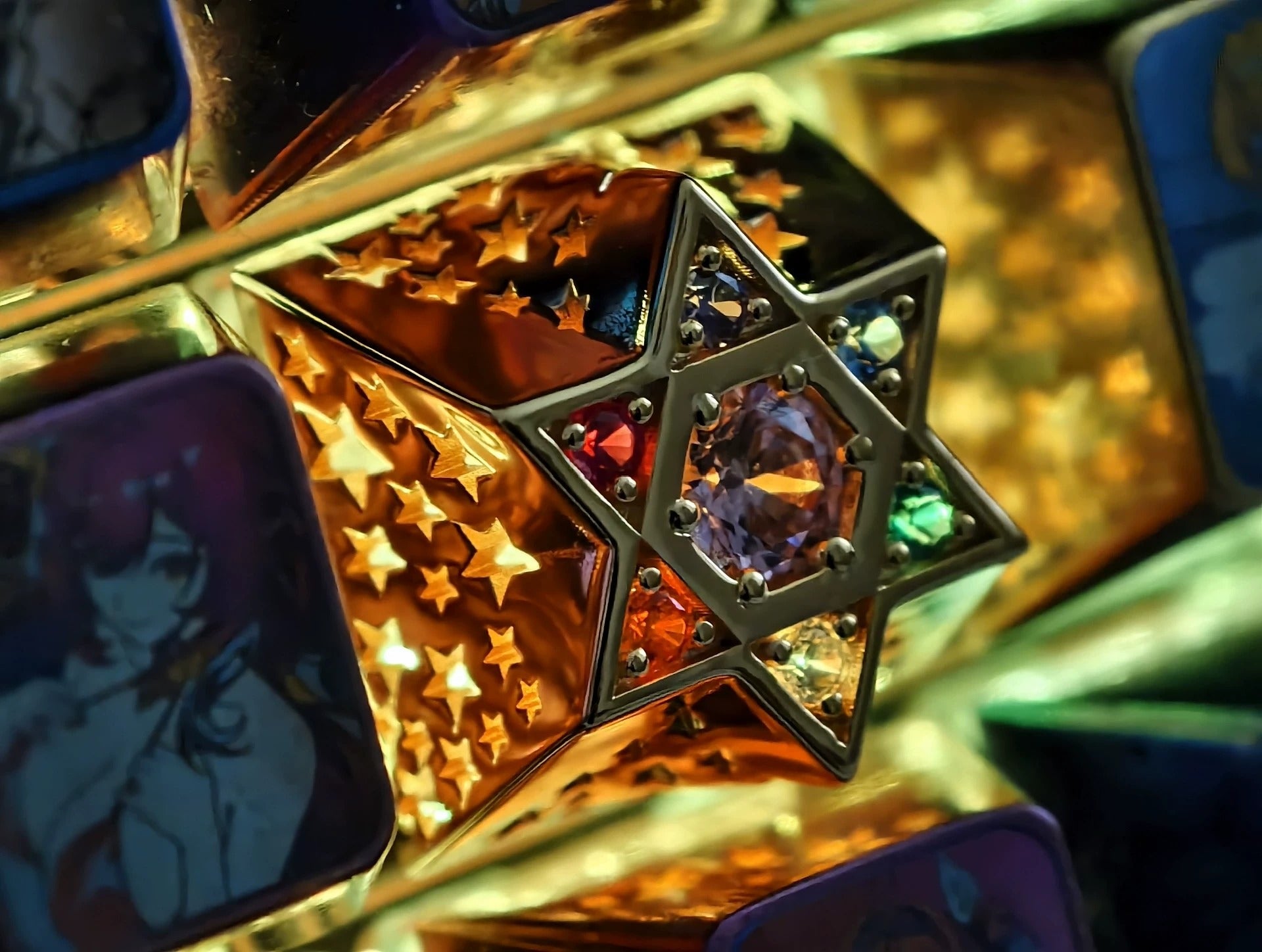 Hexagonal star, multi-color gemstone inlay, 925 sterling silver personalized keycap, hollowed out design mechanical keyboard metal decorative keycap