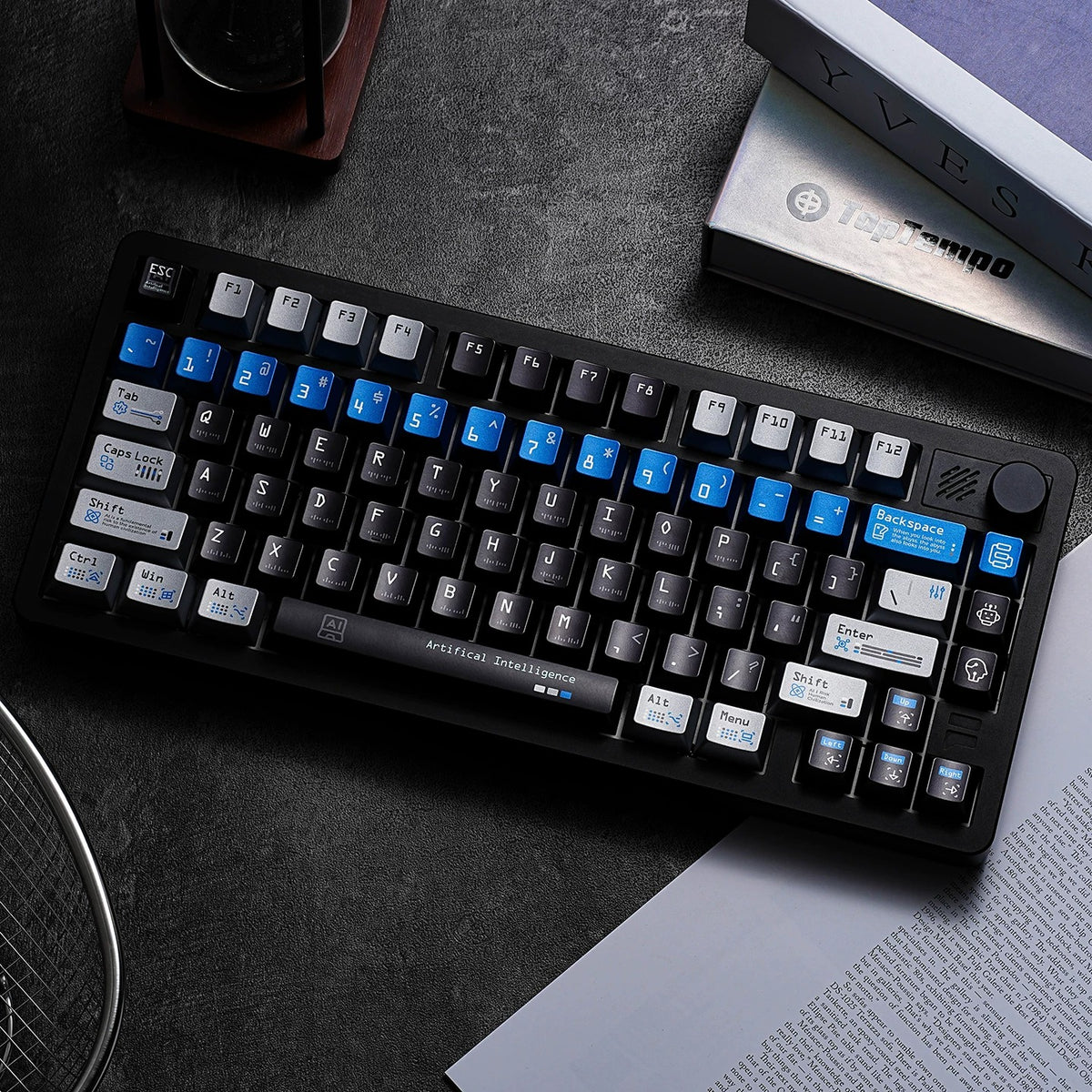 Artificial intelligence themed design, personalized key cap set with metallic paint texture, AI intelligent mechanical keyboard decorative keycaps, compatible with 61/64/68/75/84/87/104 key mechanical keyboard