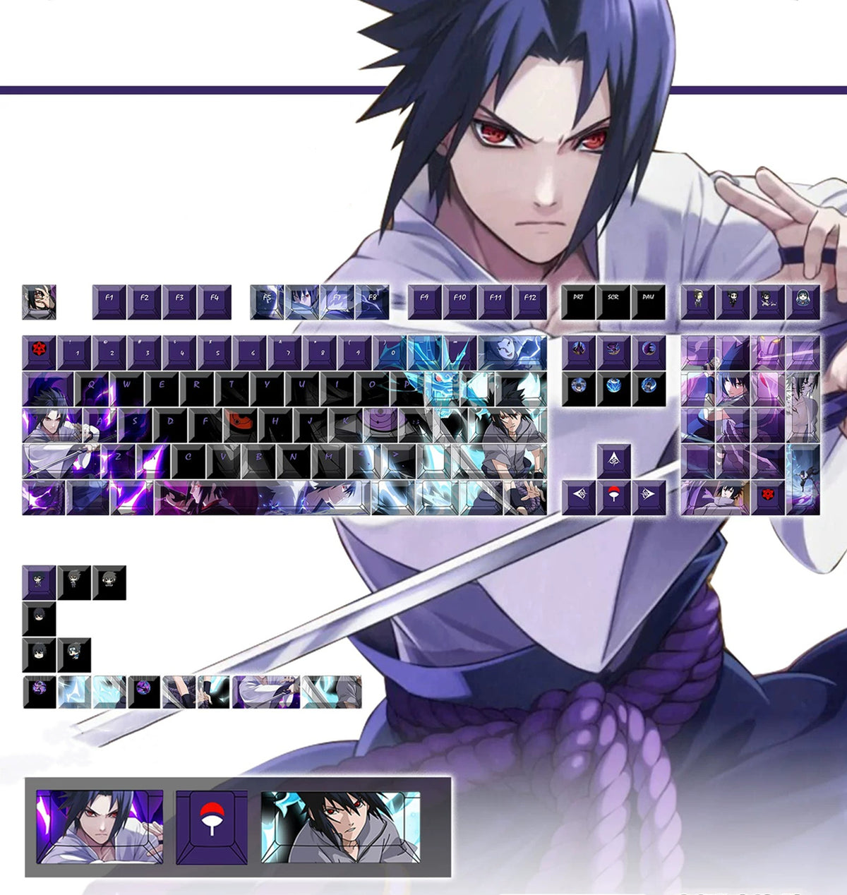 Naruto, Uchiha Sasuke PBT material personalized keycap set, anime keycap culture peripheral mechanical keyboard decoration keycaps， Compatible with 61/64/68/75/84/87/104 key mechanical keyboard keycap set