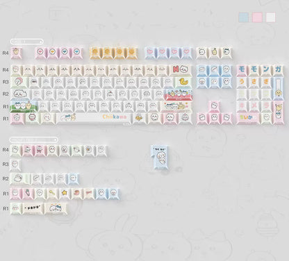 Chiikawa theme design, 4-sided folded transparent series, custom set personalized keycap series，PBT material, Original factory height, compatible with 61/64/68/75/84/87/104 mechanical keyboard keycap set