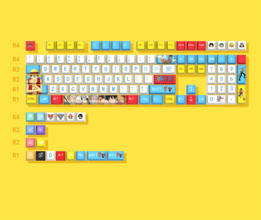 One Piece theme design, PBT material, sublimation process, large characters, personalized keycaps, mechanical keyboard decorative art keycaps