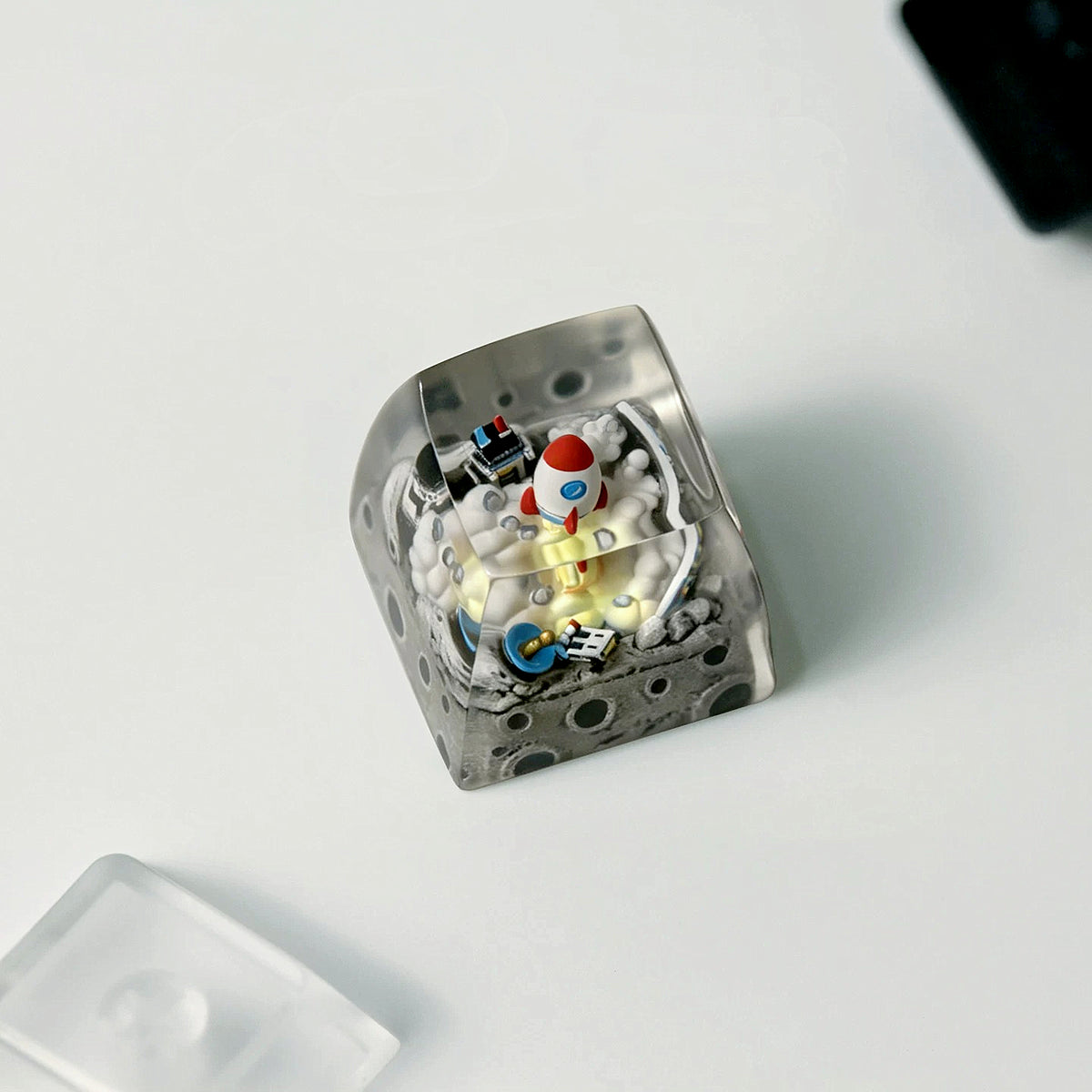 Flying into space, space themed design, Crystal drops of glue material artisankeycaps, craftsman decorated keycaps.