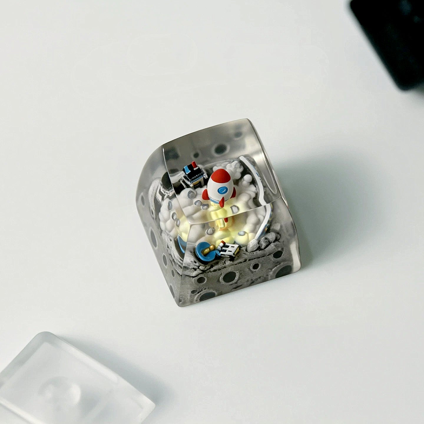 Flying into space, space themed design, Crystal drops of glue material artisankeycaps, craftsman decorated keycaps.