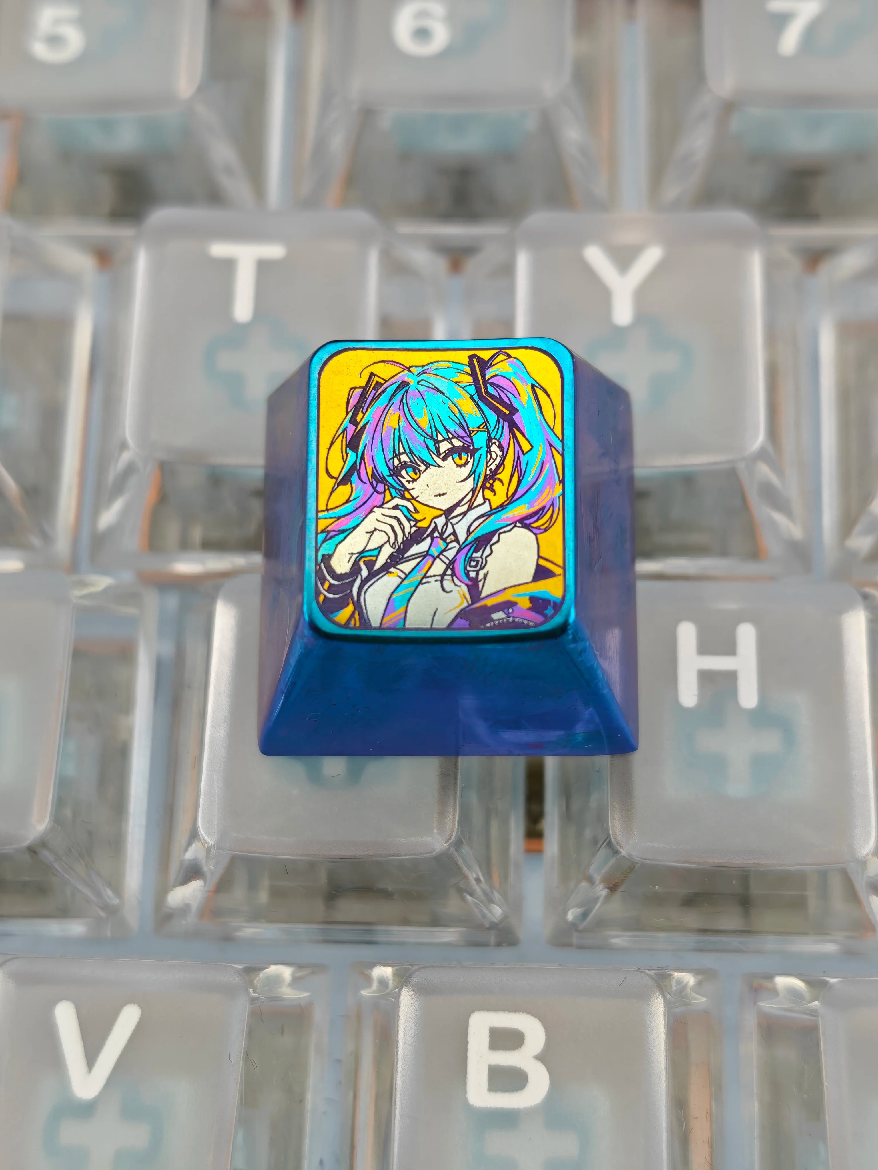 Hatsune Miku, yellow background, colorful 1 U titanium alloy personalized keycaps, anime and game culture creative art keycaps, mechanical keyboard decorative keycaps