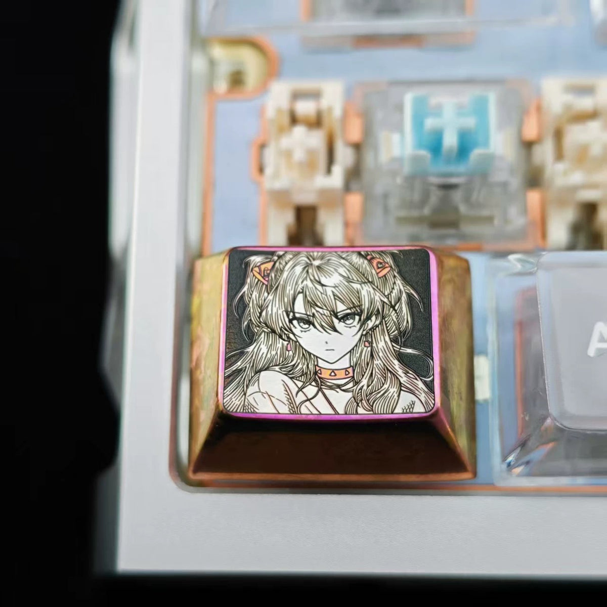 EVA, Asuka themed intricately carved lines 1.25 U titanium alloy metal personalized keycaps, anime and game character peripheral products, decorative keycaps.