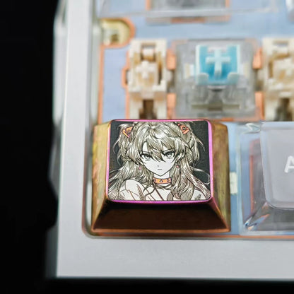 EVA, Asuka themed intricately carved lines 1.25 U titanium alloy metal personalized keycaps, anime and game character peripheral products, decorative keycaps.