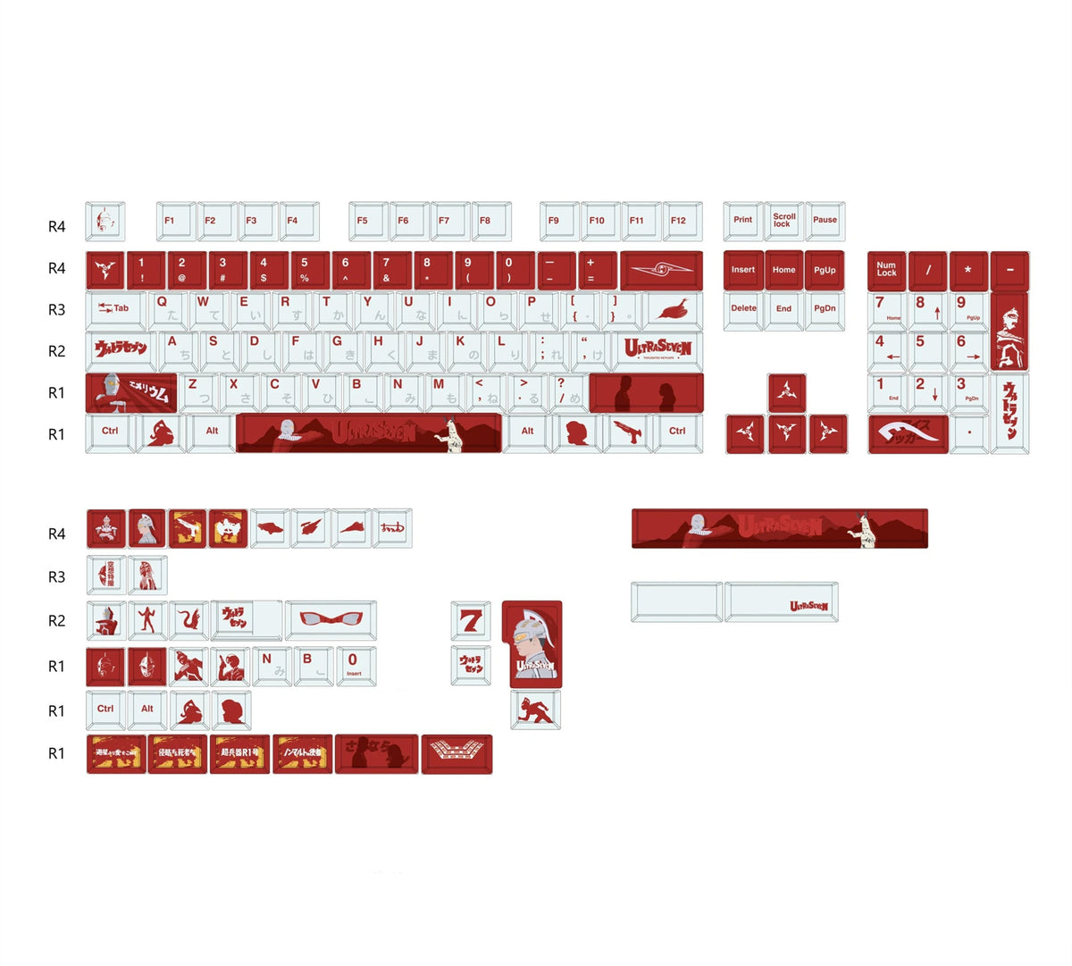 UltraSeven theme, PBT material, sublimation， Anime games Personalized keycap set, original factory height mechanical keyboard decorative keycap set，anime keycap set suitable for 61/64/68/75/84/87/104 Key Mechanical Keyboard