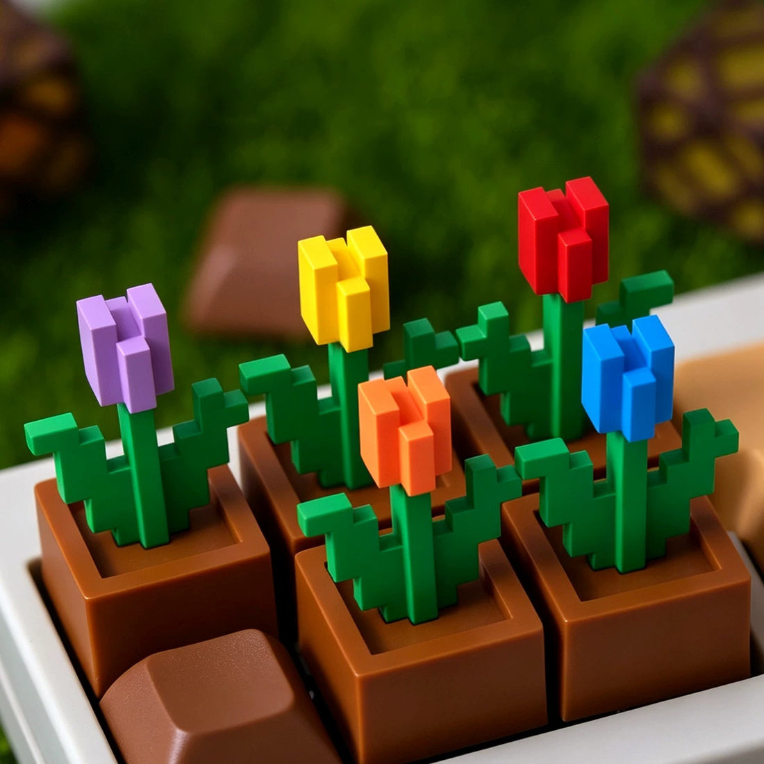 Minecraft, pixel style tulip Multi colored resin molded personalized keycaps, mechanical keyboard resin decorative keycaps