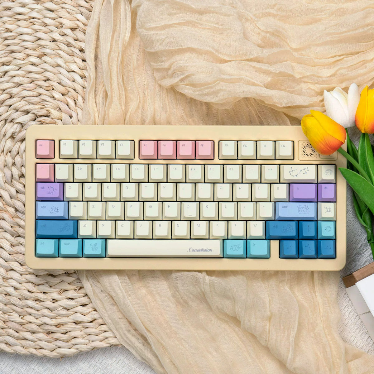 12 Constellation Theme Design, Macaron Color Matching PBT material personalized keycap set, mechanical keyboard replacement decorative keycaps, compatible with 61/64/68/75/84/87/104 key mechanical keyboard