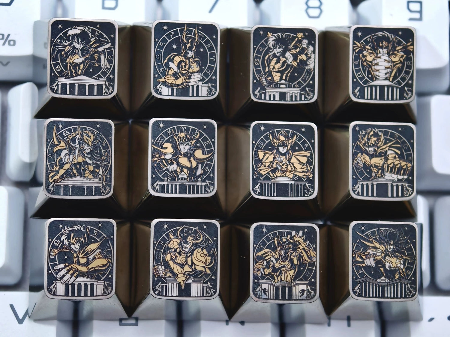 Saint Seiya, Twelve Gold Saints collection, 1U titanium alloy personalized keycaps, anime and game culture creative personalized keycaps, mechanical keyboard decorative keycaps