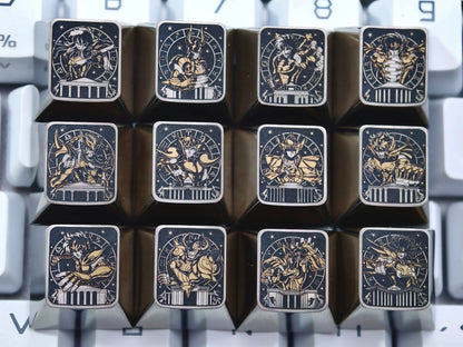 Saint Seiya, Twelve Gold Saints collection, 1U titanium alloy personalized keycaps, anime and game culture creative personalized keycaps, mechanical keyboard decorative keycaps