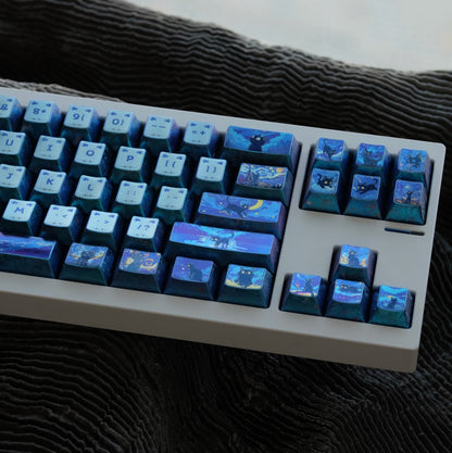 Starry Night Cat Series Set, Full Set of Titanium Alloy Personalized Keycaps, Cartoon anime and game cultural creative keycaps, mechanical keyboard decorative keycaps