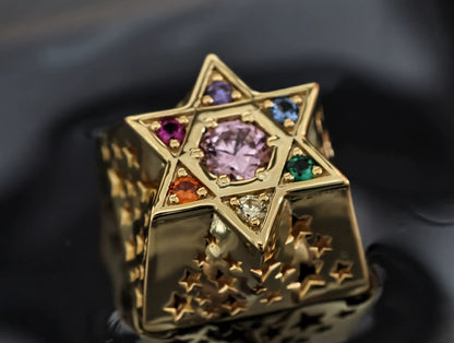 Hexagonal star, multi-color gemstone inlay, 925 sterling silver personalized keycap, hollowed out design mechanical keyboard metal decorative keycap