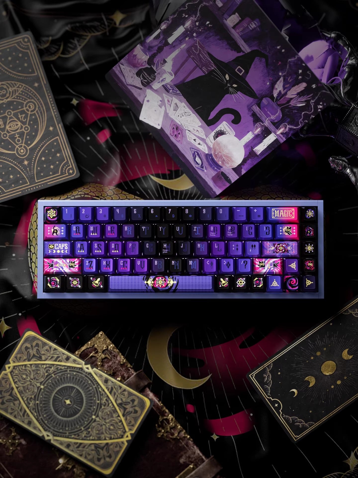 Secret Olympics Purple Black Cat Metal Paint PBT Customized Heat Sublimation Keycap Game Esports Mechanical Keyboard Decorative Keycap Set