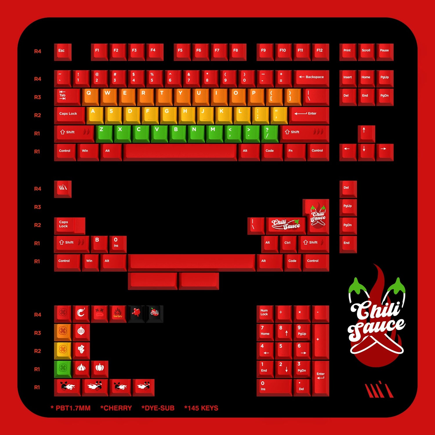 Chili themed personalized keycap set factory height, PBT material material personalized keycap set， Red gradient mechanical keyboard replacement keycap set, compatible with 61/64/68/75/84/87/104 mechanical keyboard replacement keycap