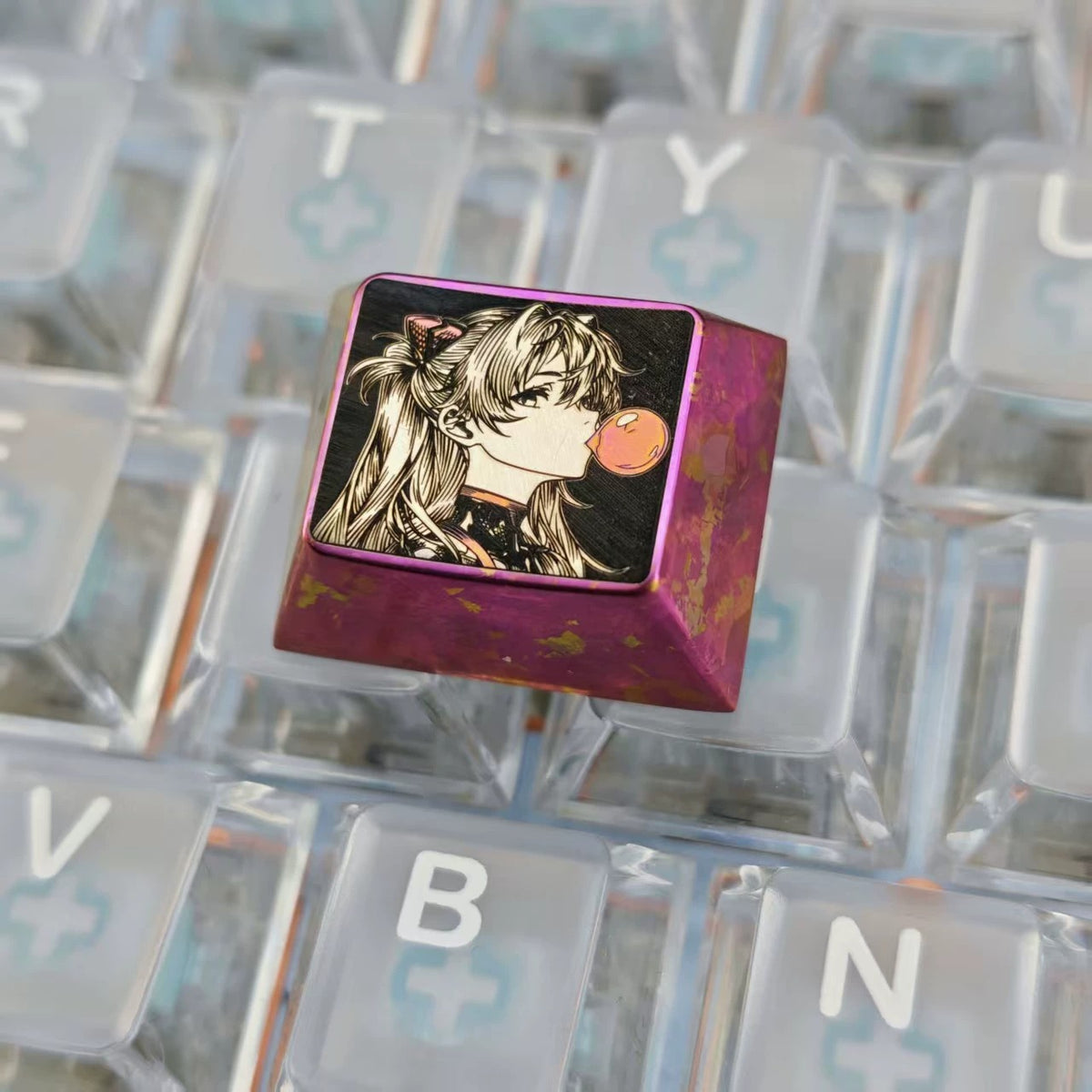 EVA, Asuka themed intricately carved lines 1.25 U titanium alloy metal personalized keycaps, anime and game character peripheral products, decorative keycaps.