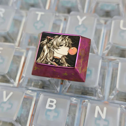 EVA, Asuka themed intricately carved lines 1.25 U titanium alloy metal personalized keycaps, anime and game character peripheral products, decorative keycaps.