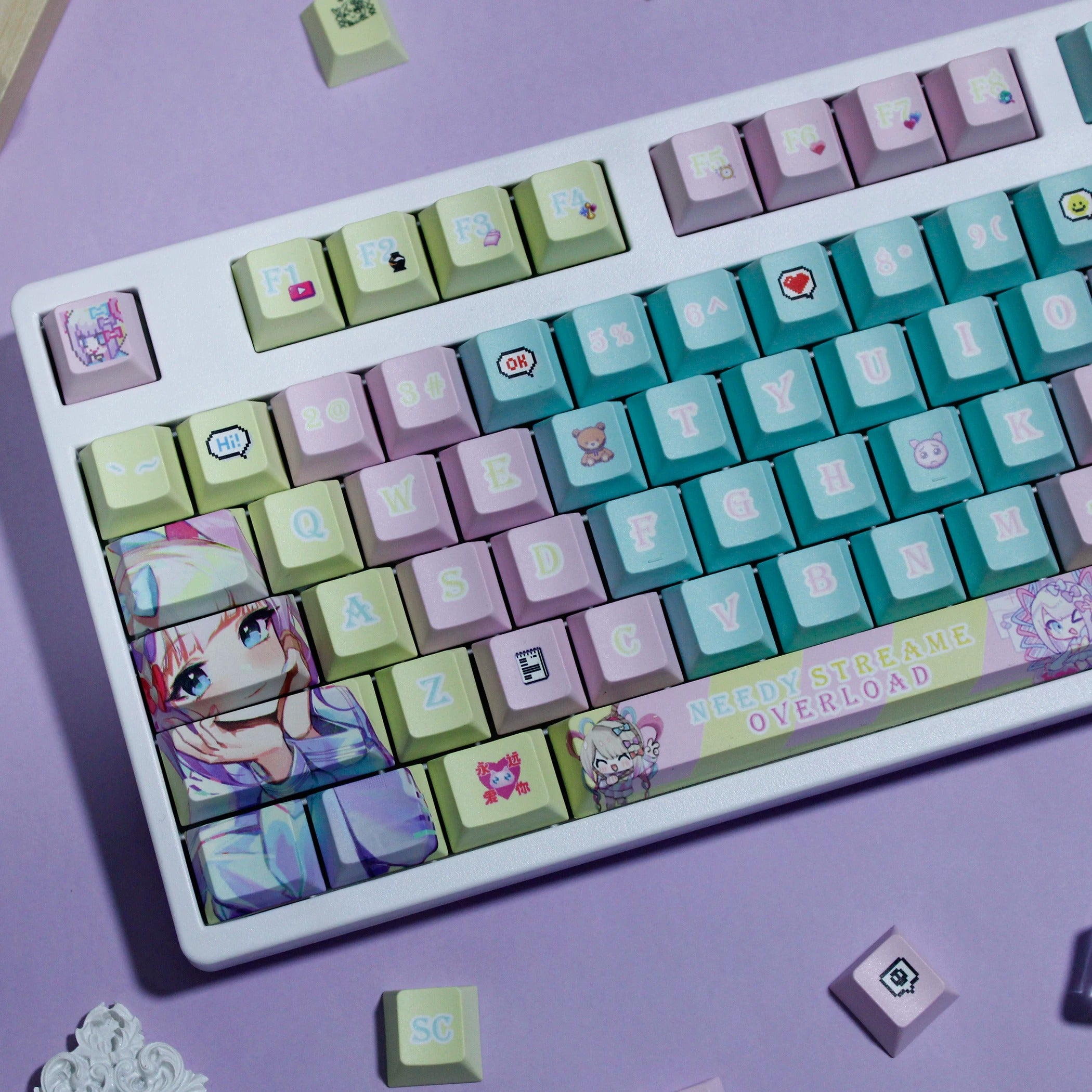 NEEDY GIRL OVERDOSE series, Rain theme, PBT material personalized keycap set, anime keycap culture peripheral mechanical keyboard decoration keycaps， Compatible with 61/64/68/75/84/87/104 key mechanical keyboard keycap set