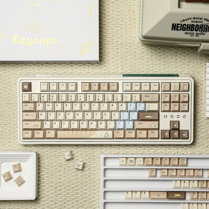 Hachimitu， Cute Cat Theme Design PBT material personalized keycap set, mechanical keyboard replacement decorative keycaps, compatible with 61/64/68/75/84/87/104 key mechanical keyboard