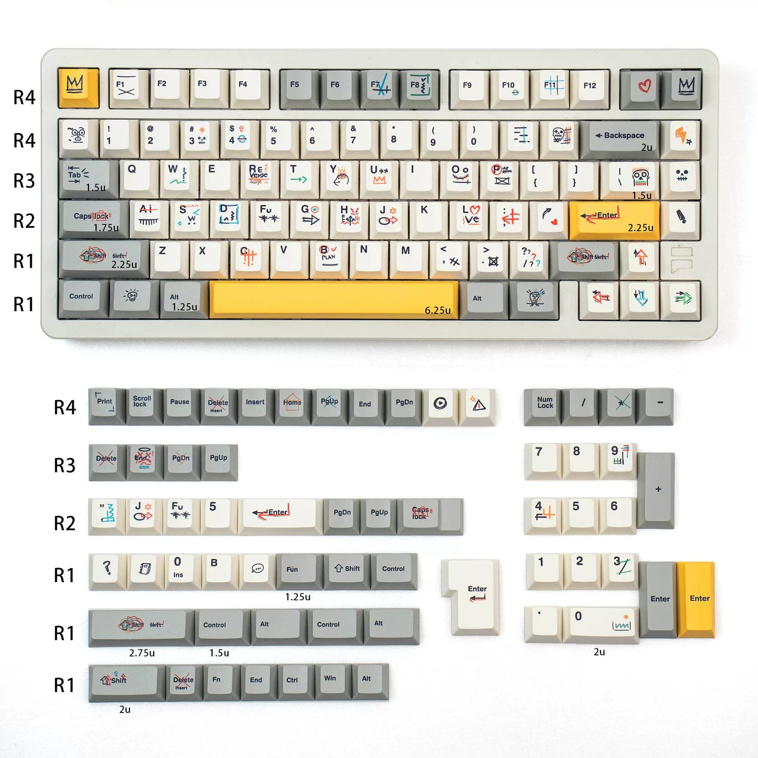 Retro graffiti retro color mechanical keyboard replaceable keycap set PBT material material personalized keycap set, compatible with 61/64/68/75/84/87/104 mechanical keyboard replacement keycap