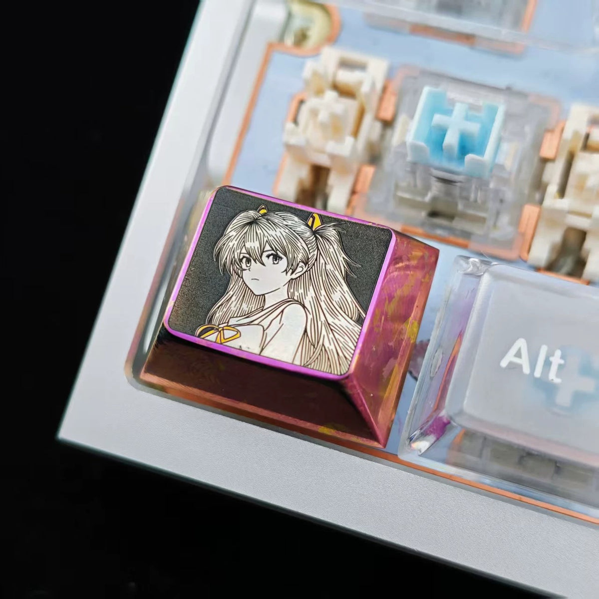 EVA, Asuka themed intricately carved lines 1.25 U titanium alloy metal personalized keycaps, anime and game character peripheral products, decorative keycaps.