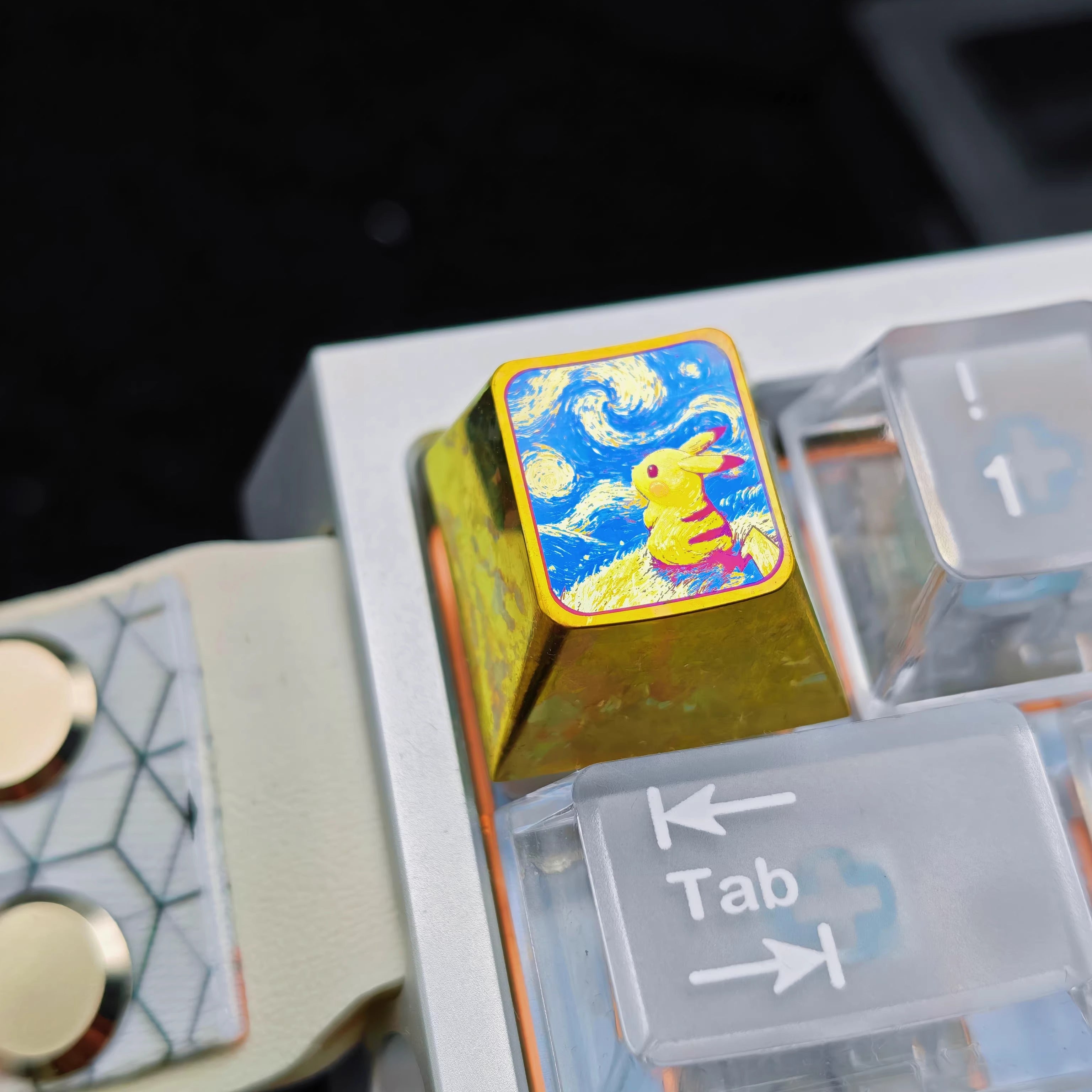 Pok é mon series, Starry Sky Pikachu 1U titanium alloy metal personalized keycaps, anime and game culture creative decorative keycaps