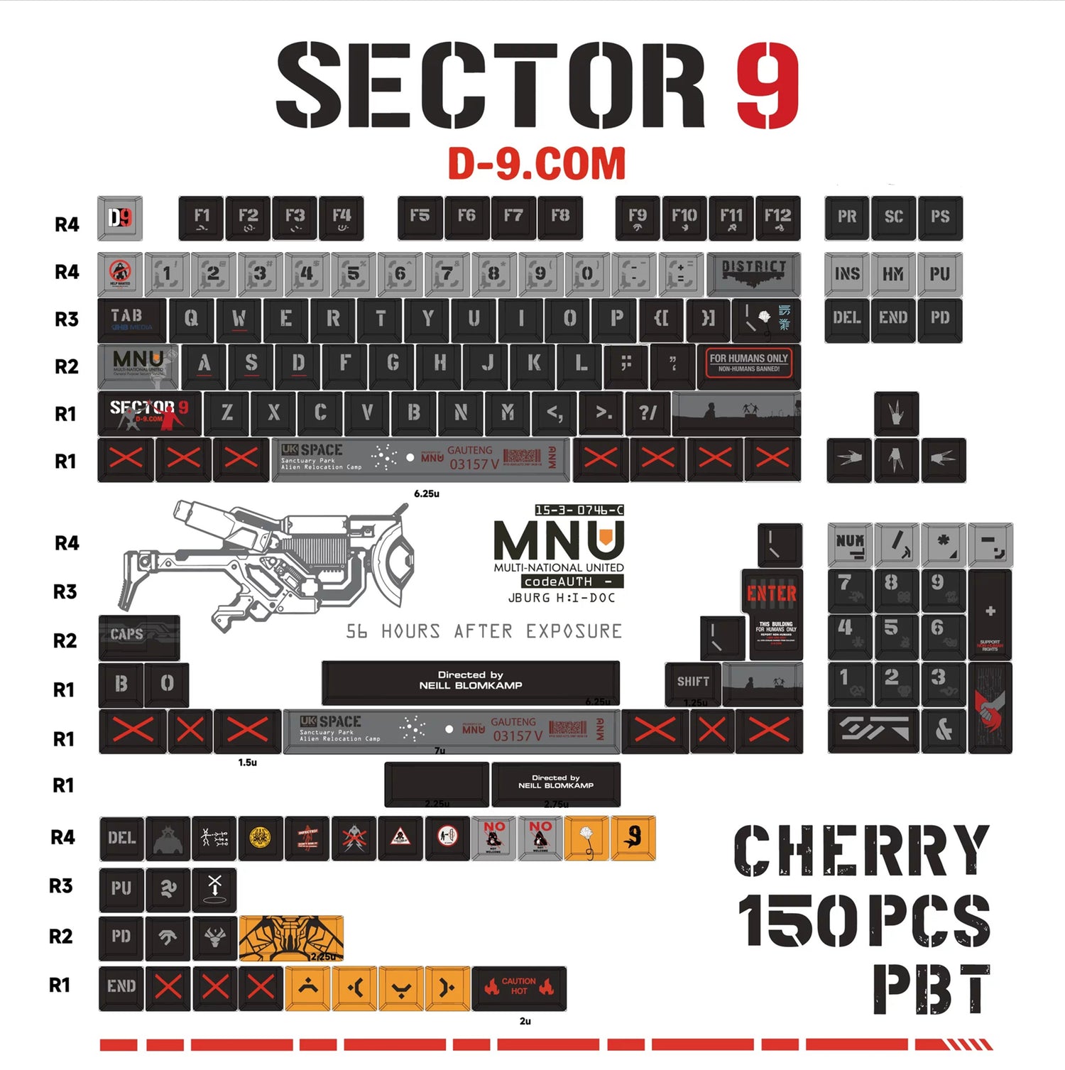 District 9, PBT material personalized keycap set, anime， movie keycap culture peripheral mechanical keyboard decoration keycaps， Compatible with 61/64/68/75/84/87/104 key mechanical keyboard keycap set