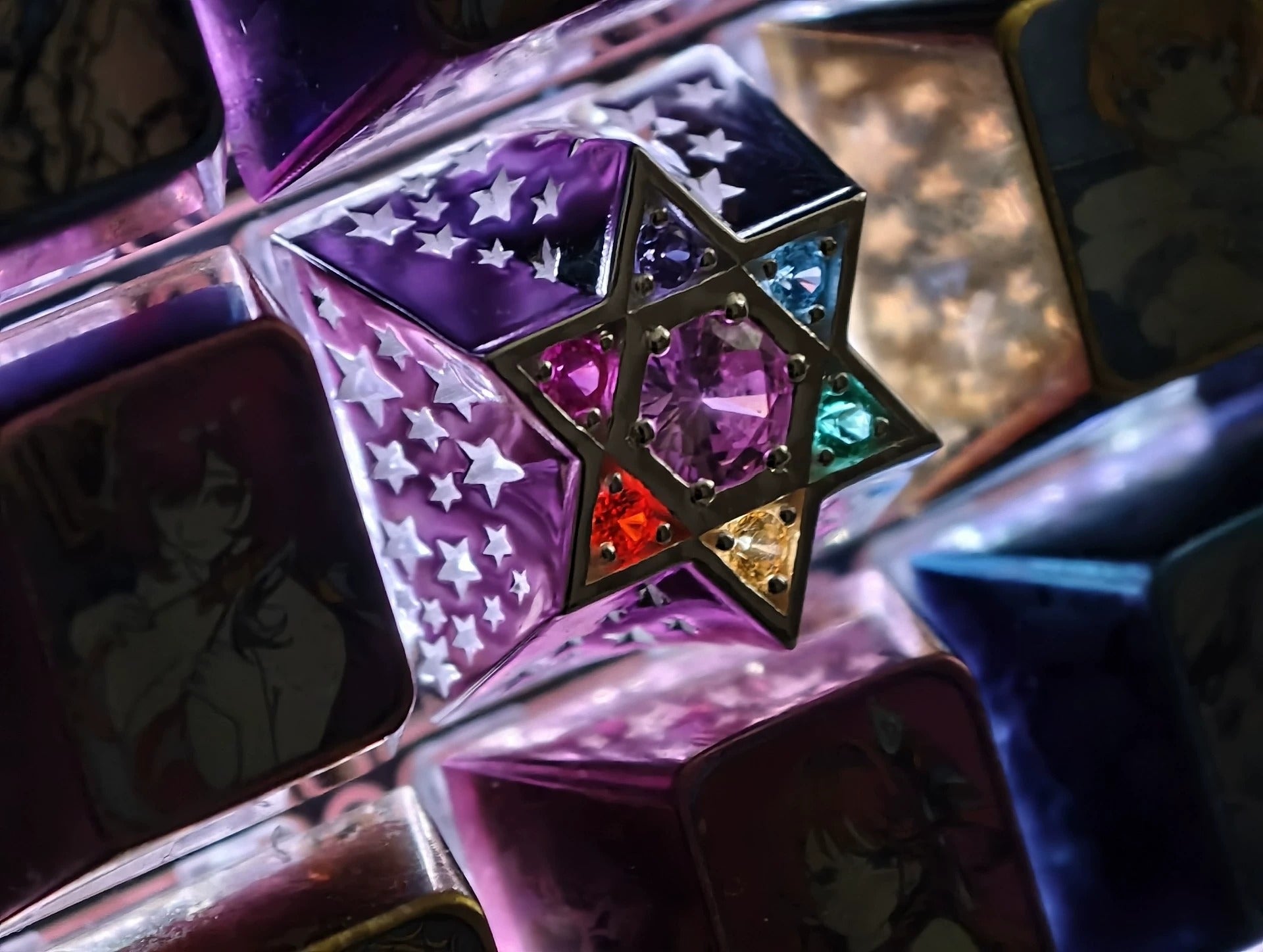 Hexagonal star, multi-color gemstone inlay, 925 sterling silver personalized keycap, hollowed out design mechanical keyboard metal decorative keycap