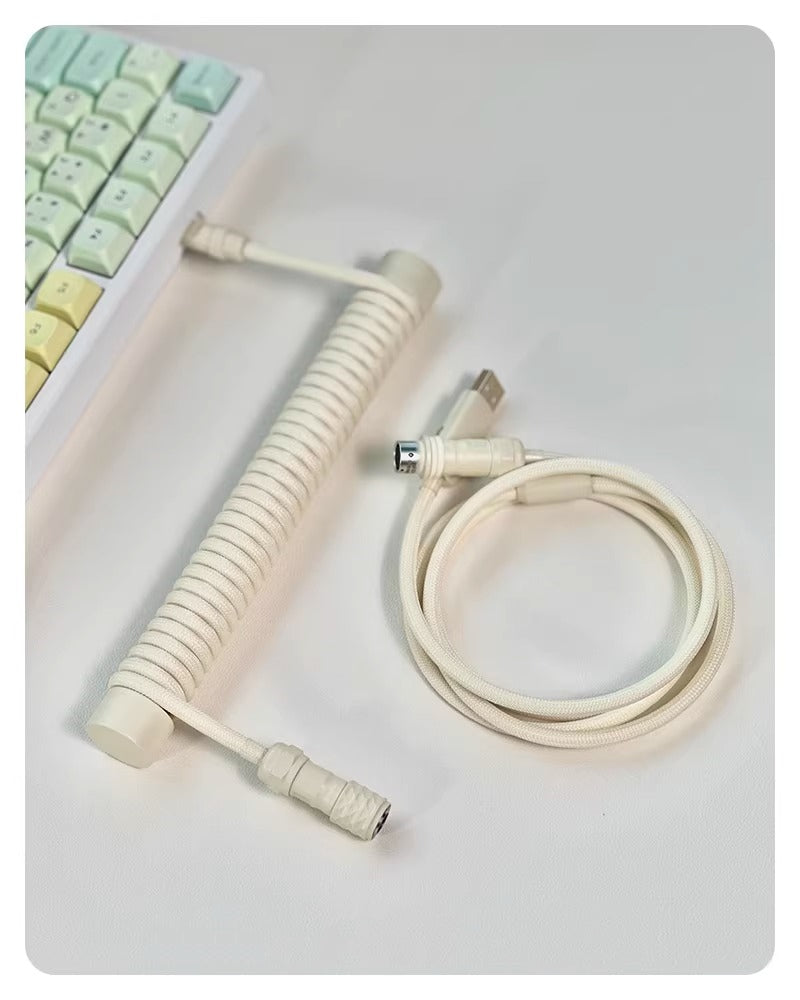 Ivory white handmade custom keyboard 1.5M aviation plug spiral data cable, overall white hardware white
