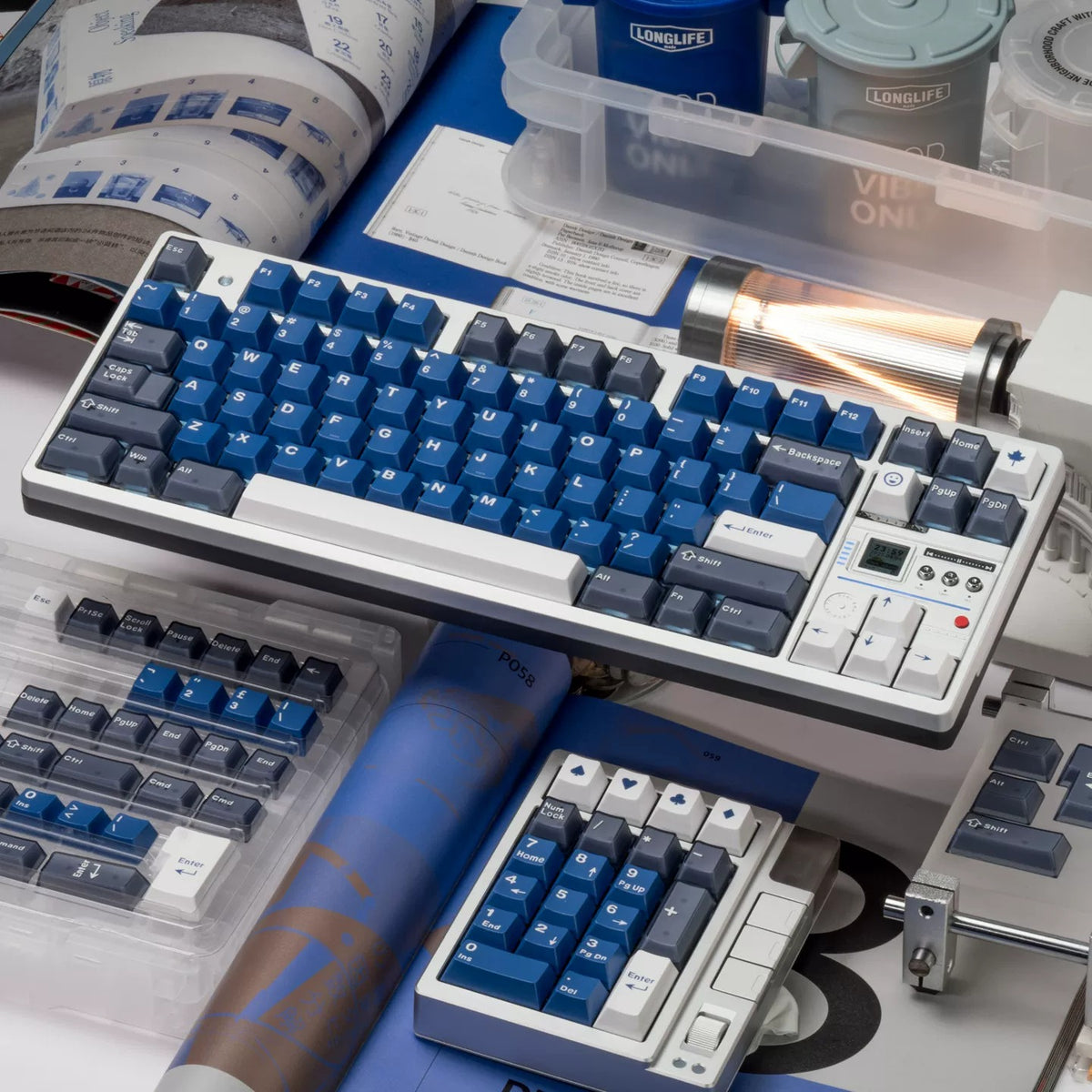 Warrior Blue Grey Half Transparent Full Set Keycap ABS+PC Two Color, Simple Blue Tone, Mechanical Keyboard Replacement Keycap Set, Compatible with 61/64/68/75/84/87/104 Key Mechanical Keyboard Keycap Set