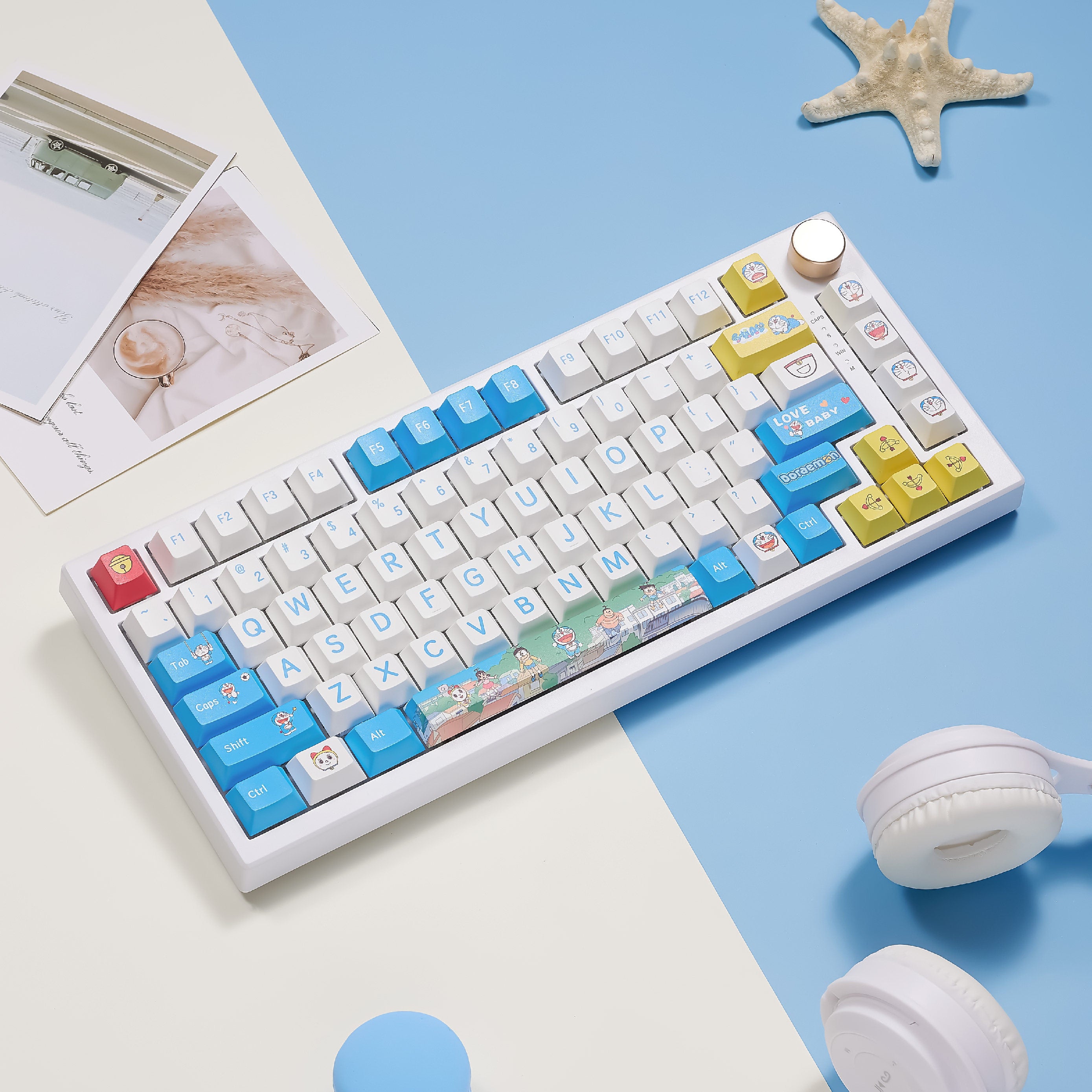 Doraemon theme design, made of PBT material, sublimation， Personalized keycaps, mechanical keyboard decorative keycaps.