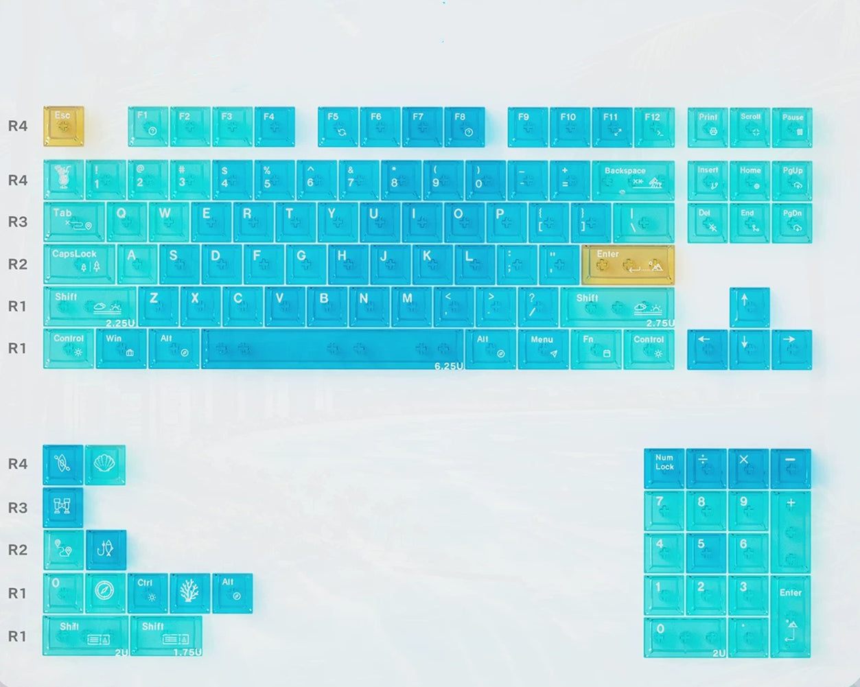 Summer seaside theme, PC material, pure transparent Original Factory Height,  mechanical keyboard replacement keycap set, Compatible with 61/64/68/75/84/87/104 Key Mechanical Keyboard Keycap Set