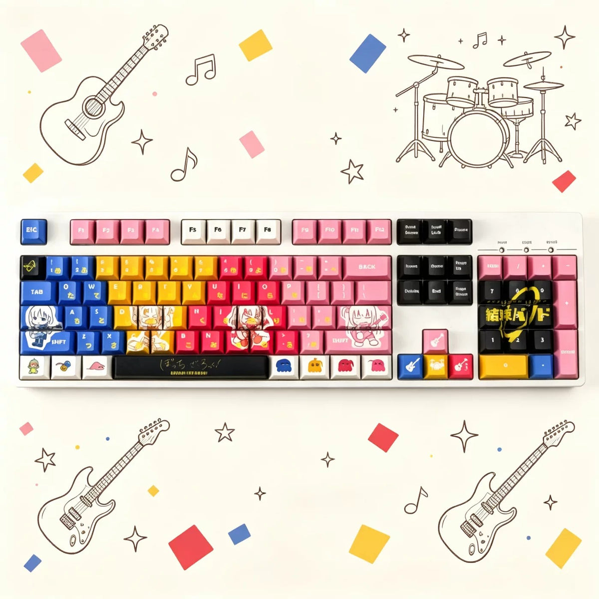 Bocchi The Rock! ， Kessoku Banndo cartoon characters PBT material personalized keycap set, anime keycap culture peripheral mechanical keyboard decoration keycaps， Compatible with 61/64/68/75/84/87/104 key mechanical keyboard keycap set