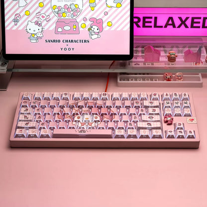 My Melody theme design personalized keycap set with folded edges, transparent side engraving, PBT material, heat sublimation process, original factory height mechanical keyboard decoration keycap set