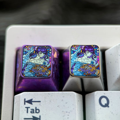 Genshin Impact, Raiden Shogun Color Broken Glass Theme, 1U Titanium Alloy Personalized Keycaps, Anime Game Culture Creative Mechanical Keyboard Decorative Keycaps