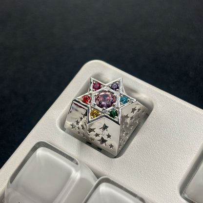Hexagonal star, multi-color gemstone inlay, 925 sterling silver personalized keycap, hollowed out design mechanical keyboard metal decorative keycap