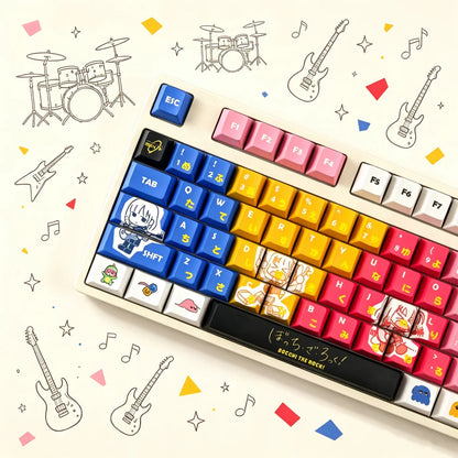 Bocchi The Rock! ， Kessoku Banndo cartoon characters PBT material personalized keycap set, anime keycap culture peripheral mechanical keyboard decoration keycaps， Compatible with 61/64/68/75/84/87/104 key mechanical keyboard keycap set