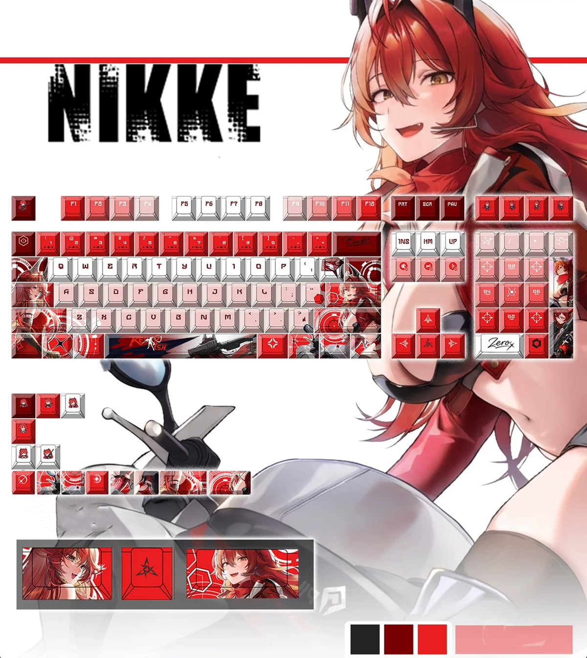 NIKKE：The Goddess of Victory ‌，Red HoodPBT material personalized keycap set, anime keycap culture peripheral mechanical keyboard decoration keycaps， Compatible with 61/64/68/75/84/87/104 key mechanical keyboard keycap set