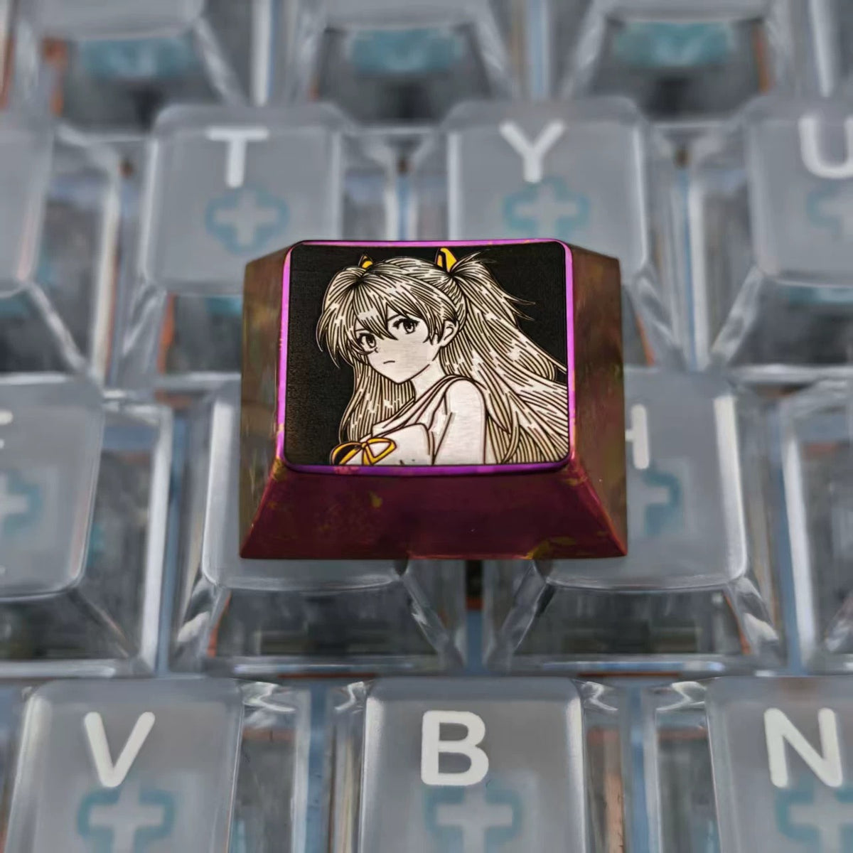 EVA, Asuka themed intricately carved lines 1.25 U titanium alloy metal personalized keycaps, anime and game character peripheral products, decorative keycaps.