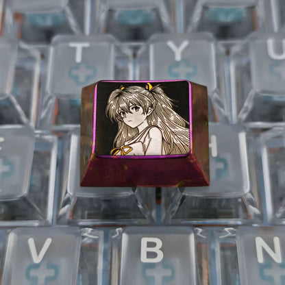 EVA, Asuka themed intricately carved lines 1.25 U titanium alloy metal personalized keycaps, anime and game character peripheral products, decorative keycaps.