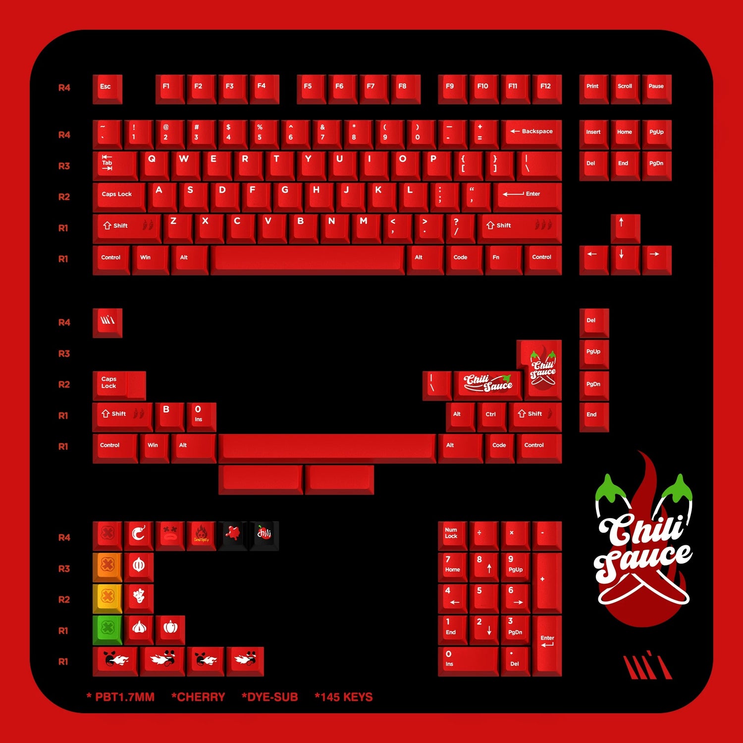Chili themed personalized keycap set factory height, PBT material material personalized keycap set， Red gradient mechanical keyboard replacement keycap set, compatible with 61/64/68/75/84/87/104 mechanical keyboard replacement keycap