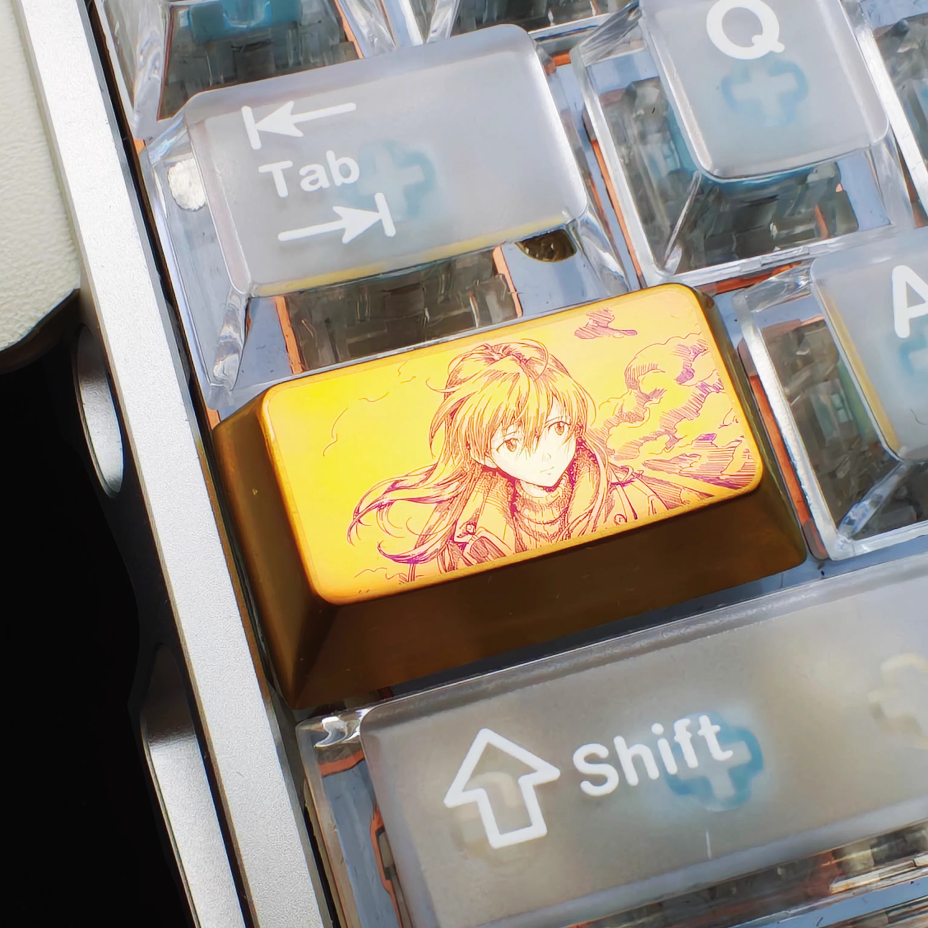 EVA theme, Asuka manga brushstrokes 1.75 U anime creative titanium alloy personalized keycaps, metal carved decorative keycaps