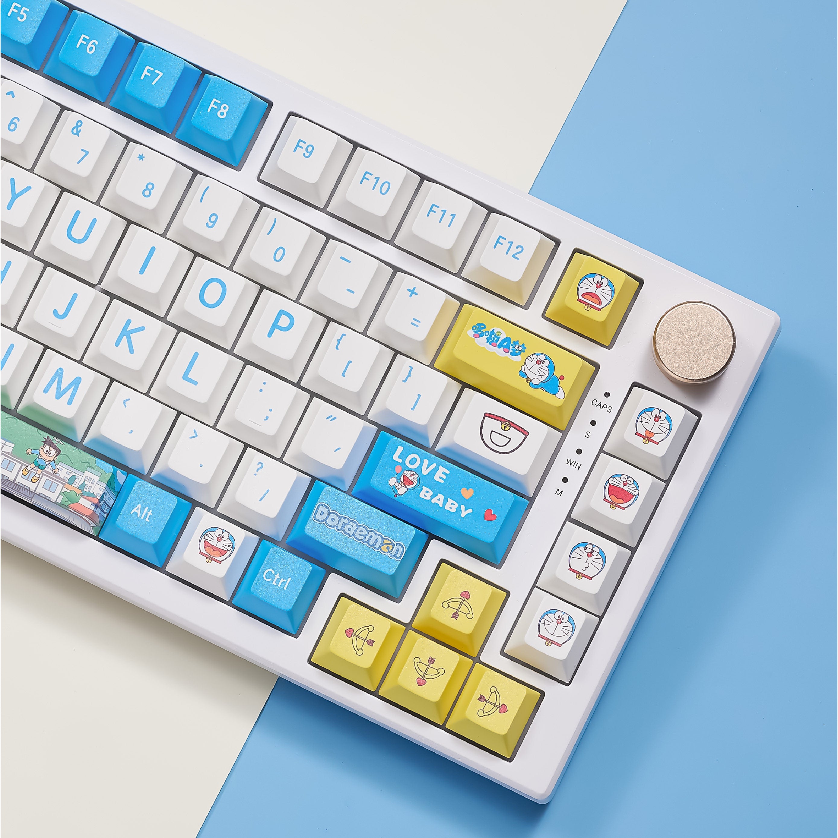 Doraemon theme design, made of PBT material, sublimation， Personalized keycaps, mechanical keyboard decorative keycaps.
