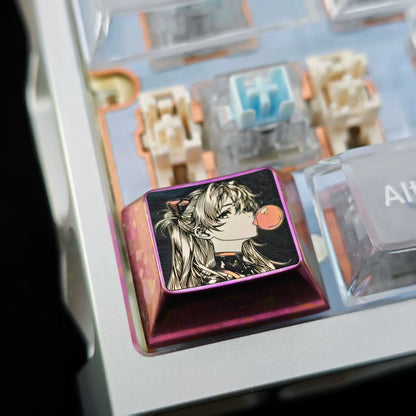 EVA, Asuka themed intricately carved lines 1.25 U titanium alloy metal personalized keycaps, anime and game character peripheral products, decorative keycaps.