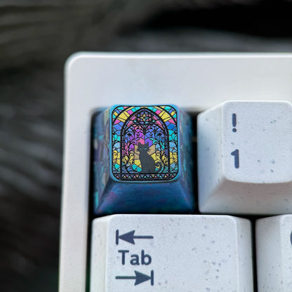 Black cat glass floral style 1U titanium alloy personalized keycap, anime game creative peripheral mechanical keyboard decoration keycap